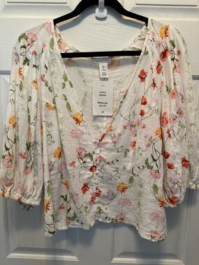 H&M White Floral Linen-Blend V-Neck Button Blouse